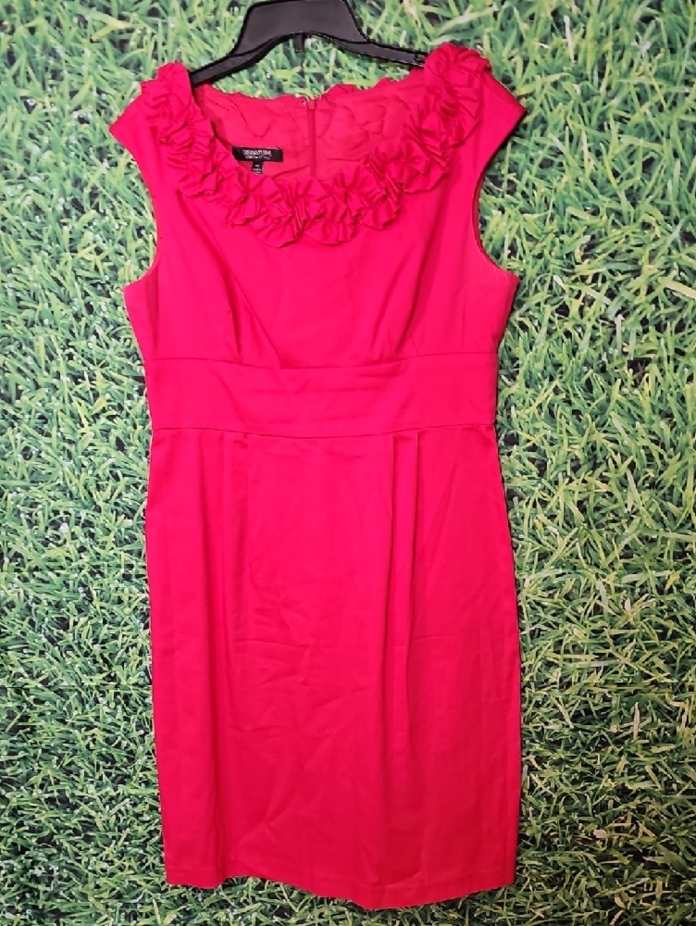Signature Hot Pink Ruffle Neck Sheath Midi Dress - Picture 6 of 7